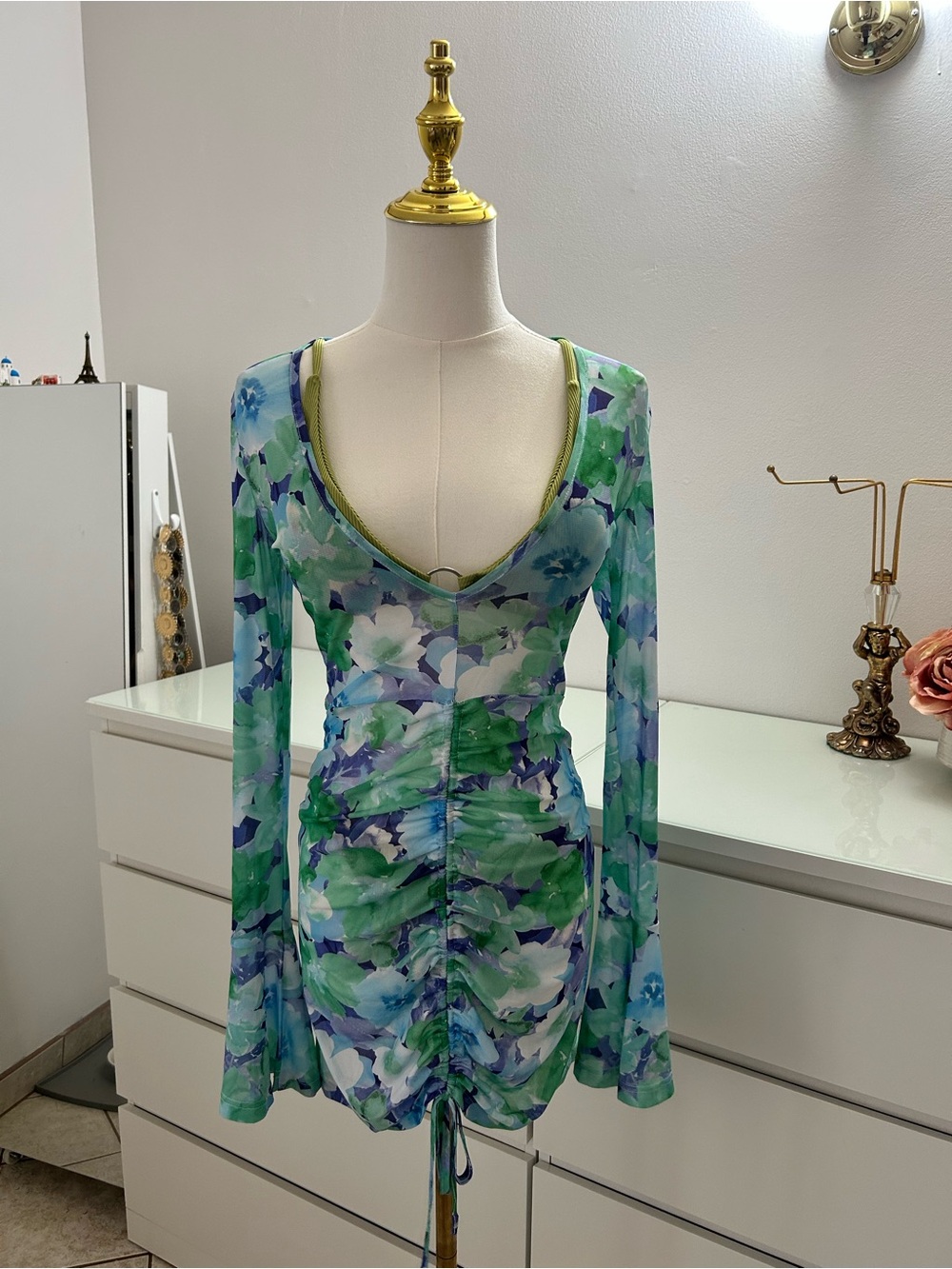 Beginning Boutique Green & Blue Floral Ruched Long-Sleeve Mini Dress